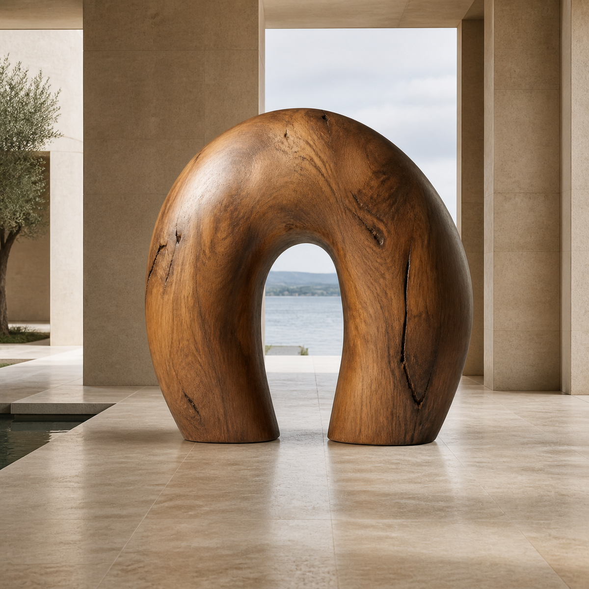Hollow Crest, teak wood floor sculpture — interior view