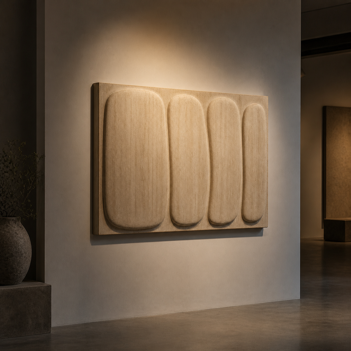 Compression Field Relief, carved teak wood wall art — interior view