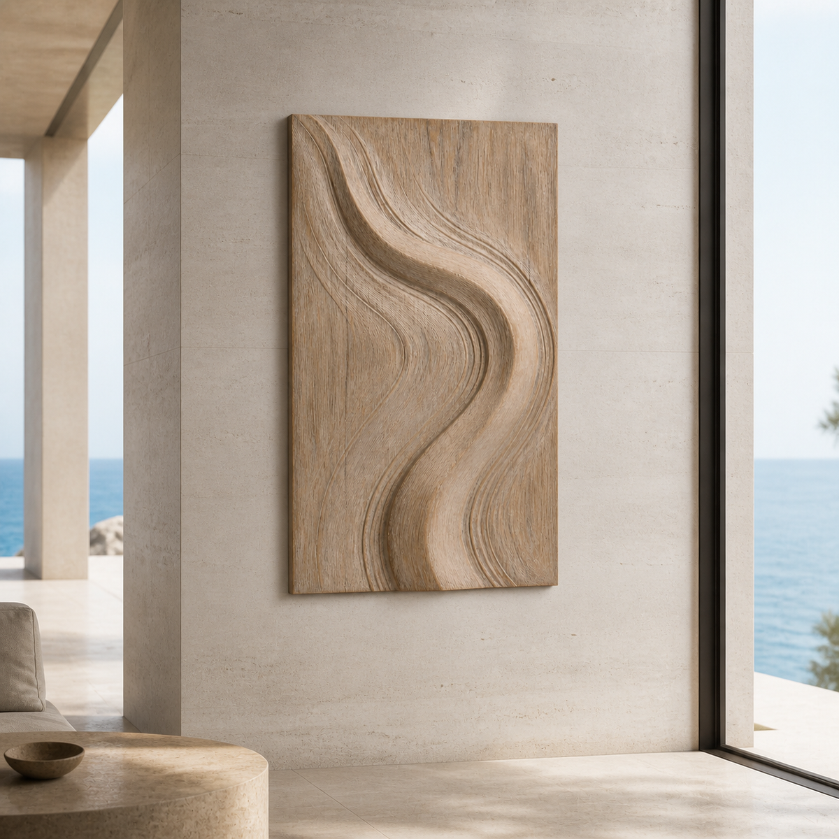Folded Current Relief, carved teak wood wall art — interior view
