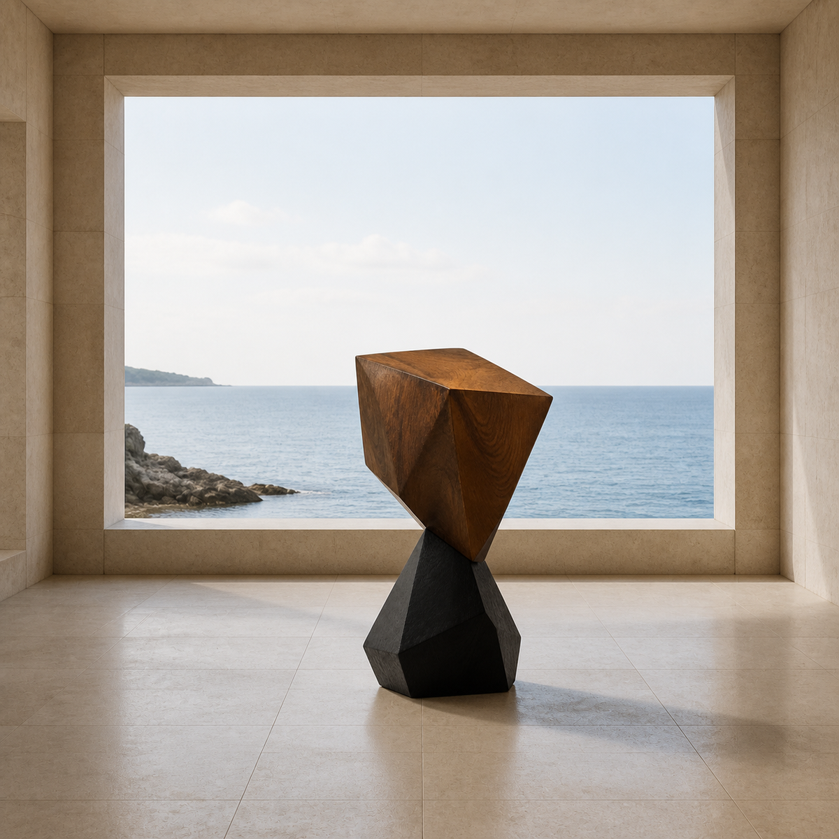 Prism Balance, abstract teak wood sculpture — interior view