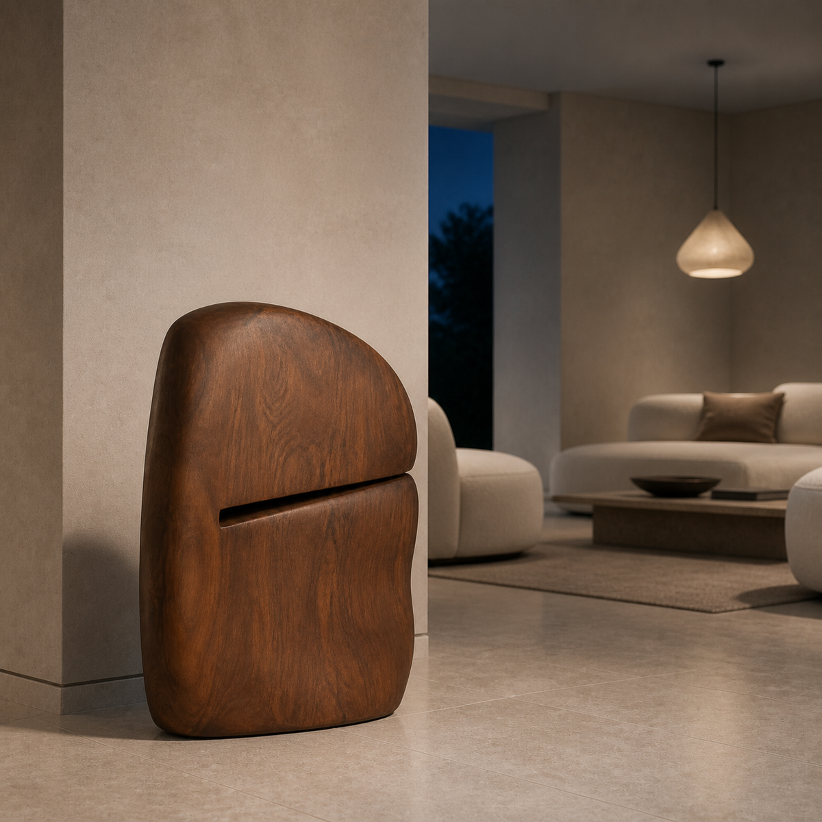 Faulted Crown, teak wood floor sculpture — interior view