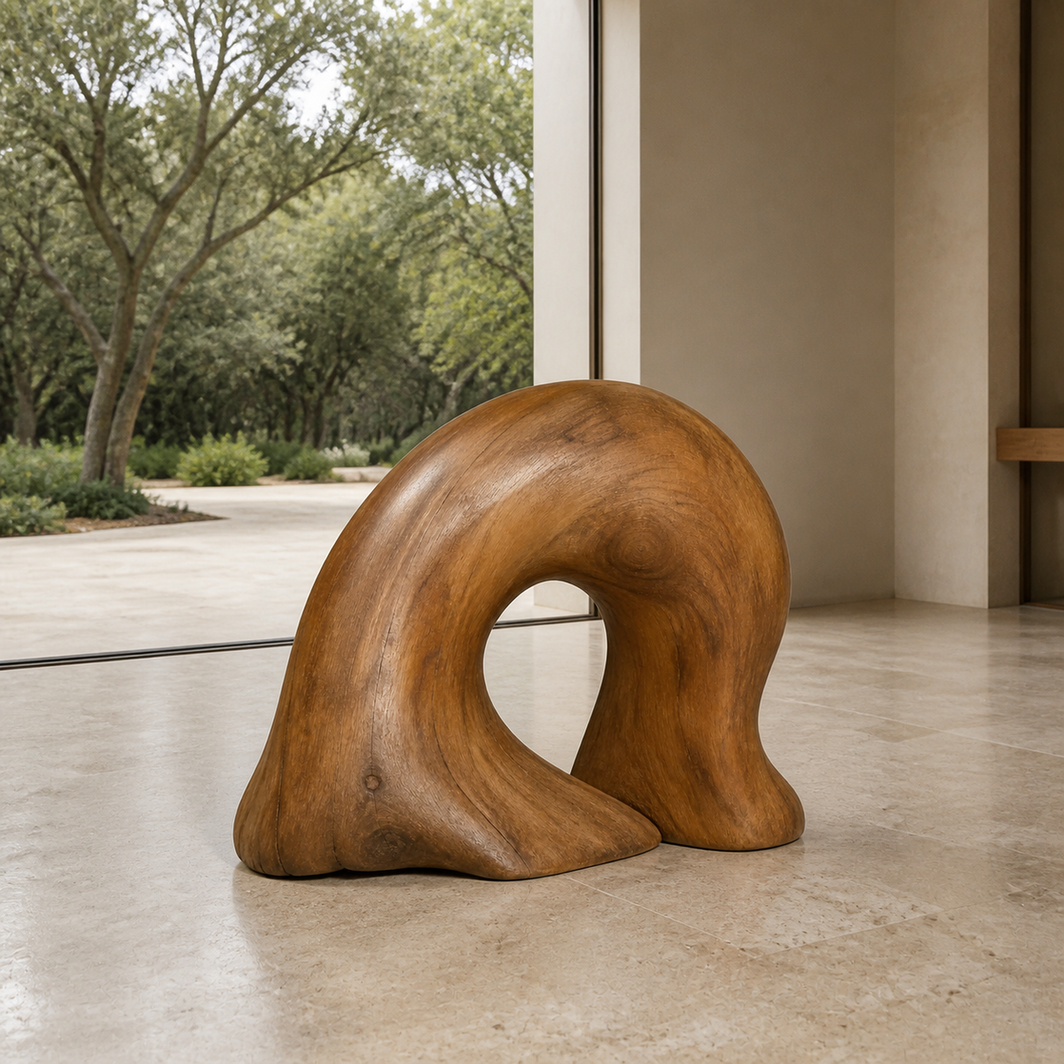 Rooted Arc, abstract teak wood sculpture — interior view