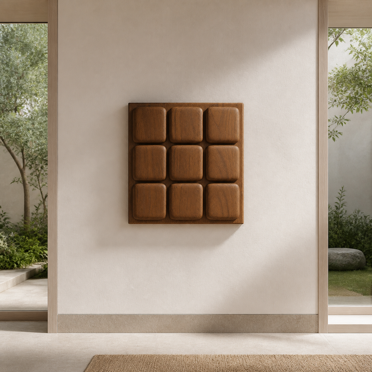 Ancestral Grid Relief, carved teak wood wall art — interior view