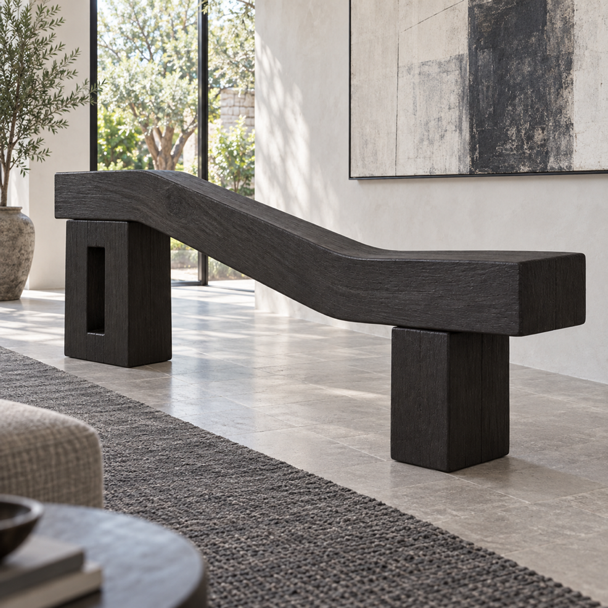 Cranked Beam, teak wood floor sculpture — interior view