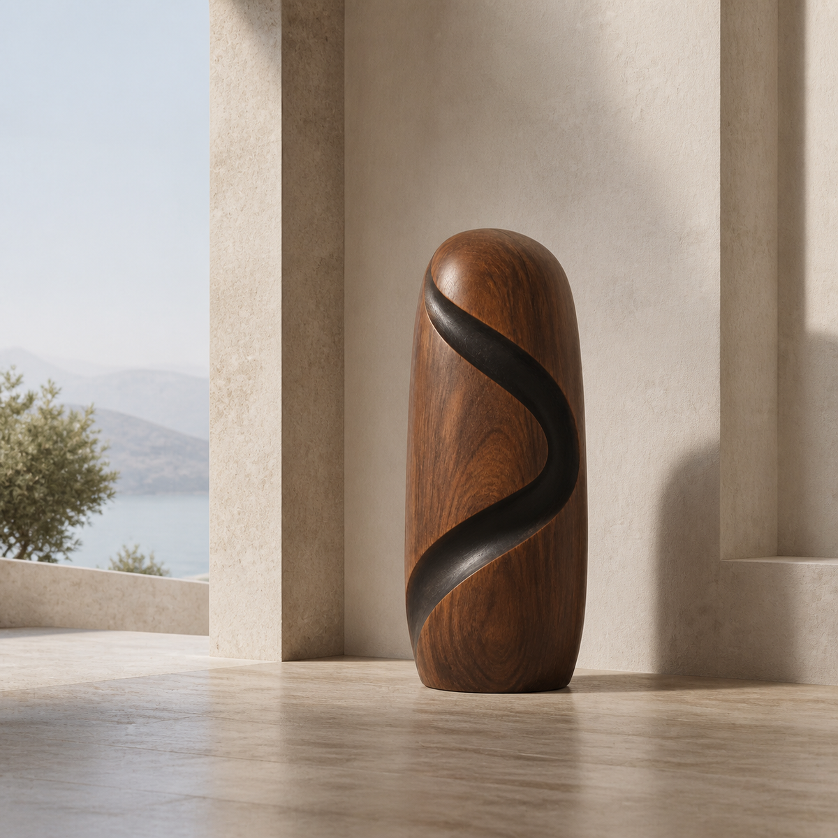 Spiral Rift Monolith, teak wood floor sculpture — interior view