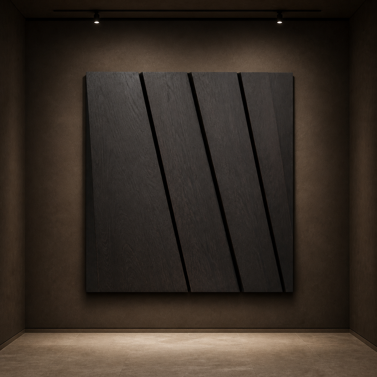 Fracture Field Relief, carved teak wood wall art — interior view