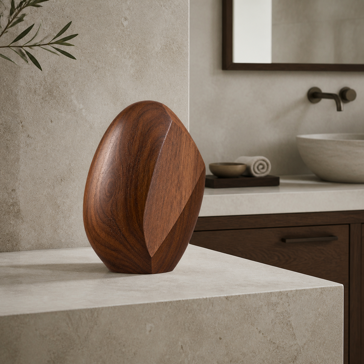 Facet Seed, teak wood tabletop sculpture — interior view