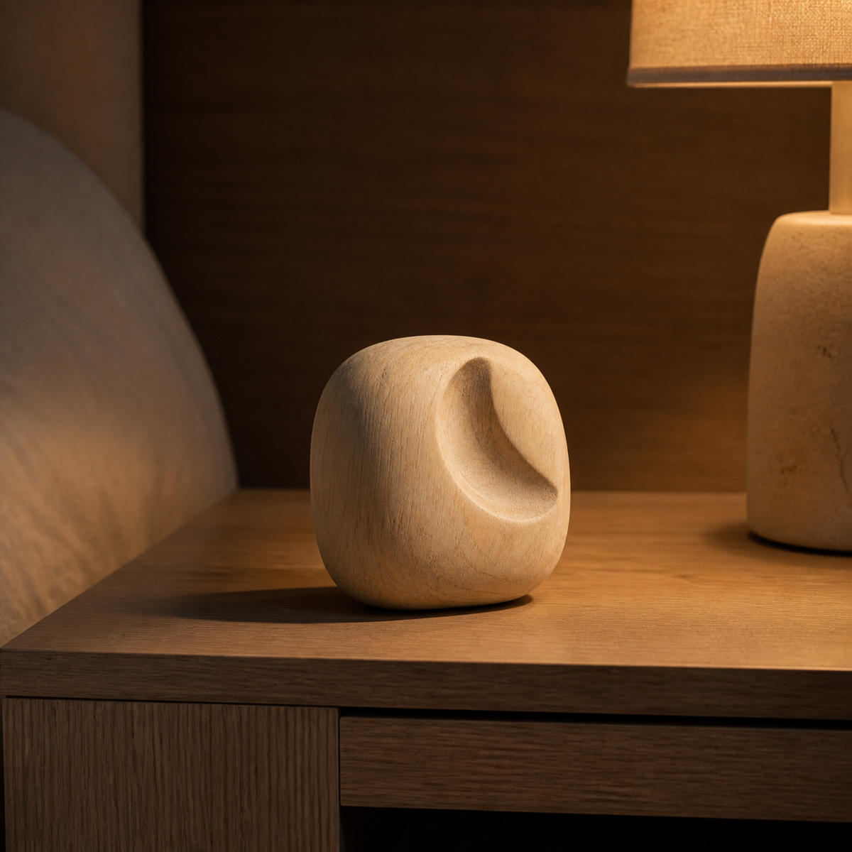 Lunar Inset, teak wood tabletop sculpture — interior view