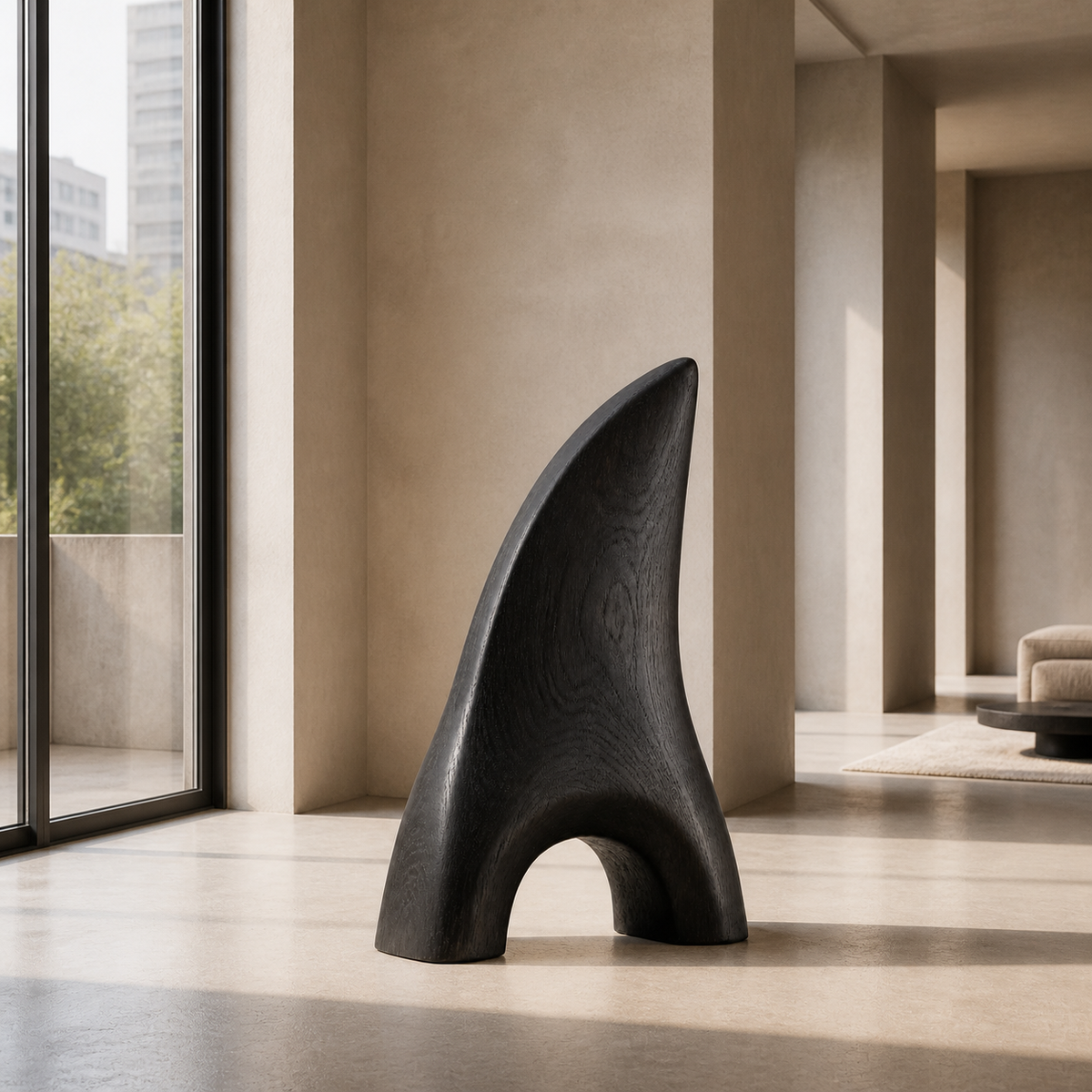 Vaulted Blade, teak wood floor sculpture — interior view
