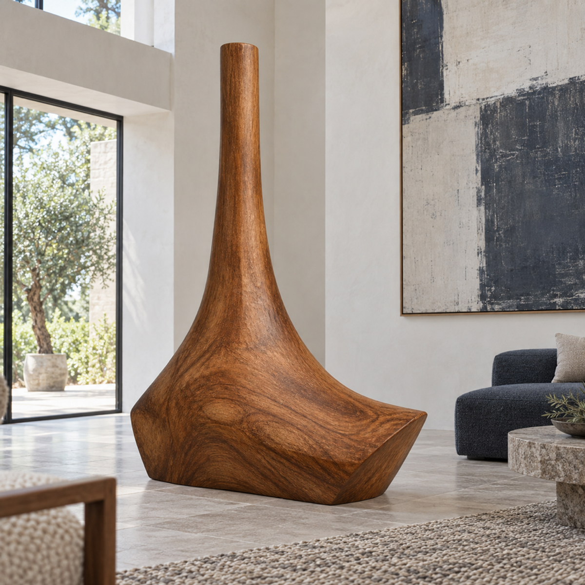 Tapered Anchorage, teak wood floor sculpture — interior view
