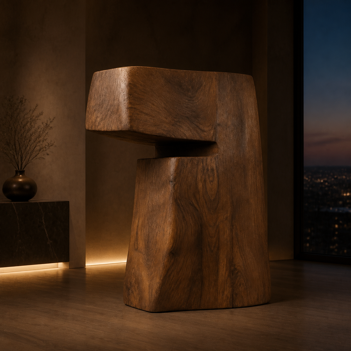 Overhang Monolith, teak wood floor sculpture — interior view
