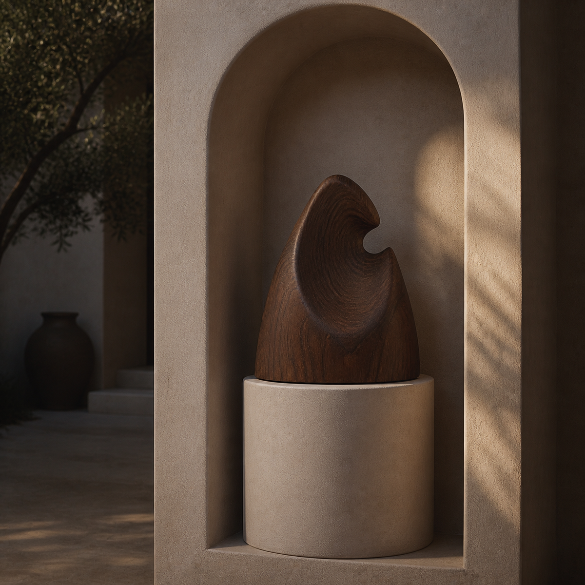 Inward Crest, abstract teak wood sculpture — interior view