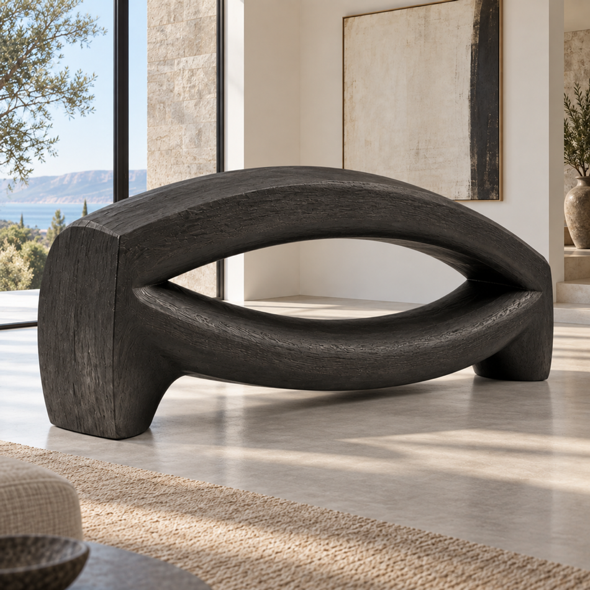 Bowed Traverse, teak wood floor sculpture — interior view