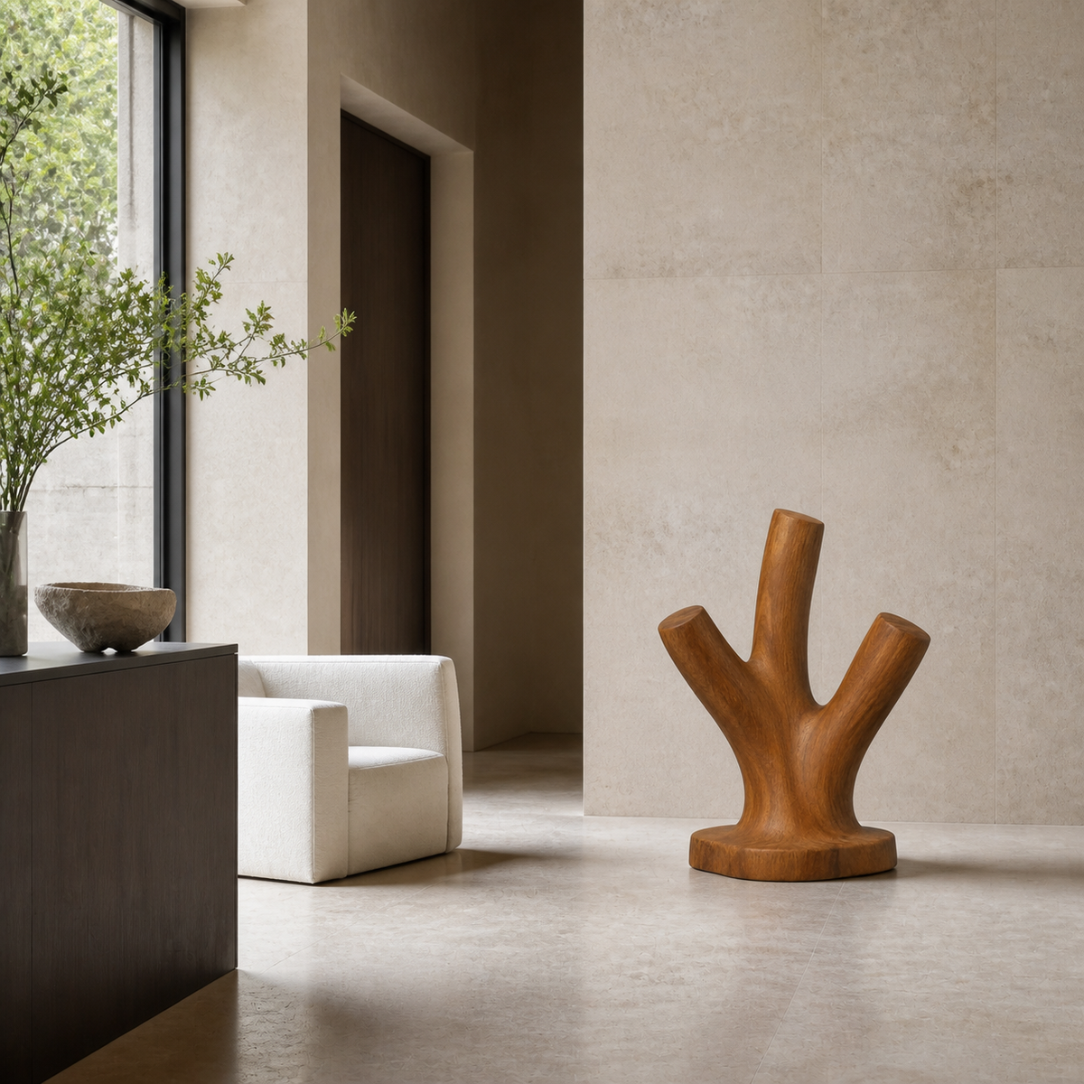 Triune Reach, teak wood floor sculpture — interior view