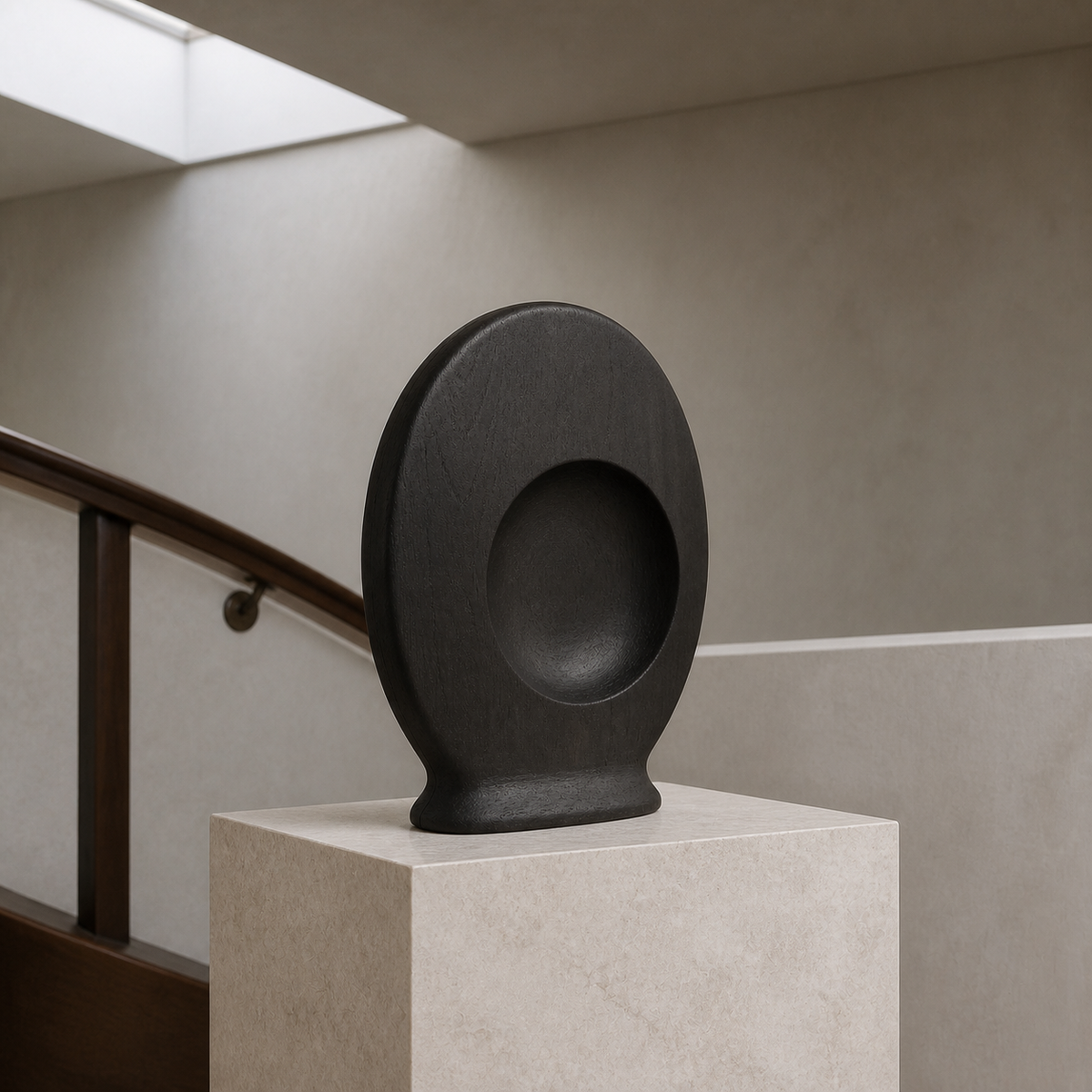 Pressed Orbit, abstract teak wood sculpture — interior view