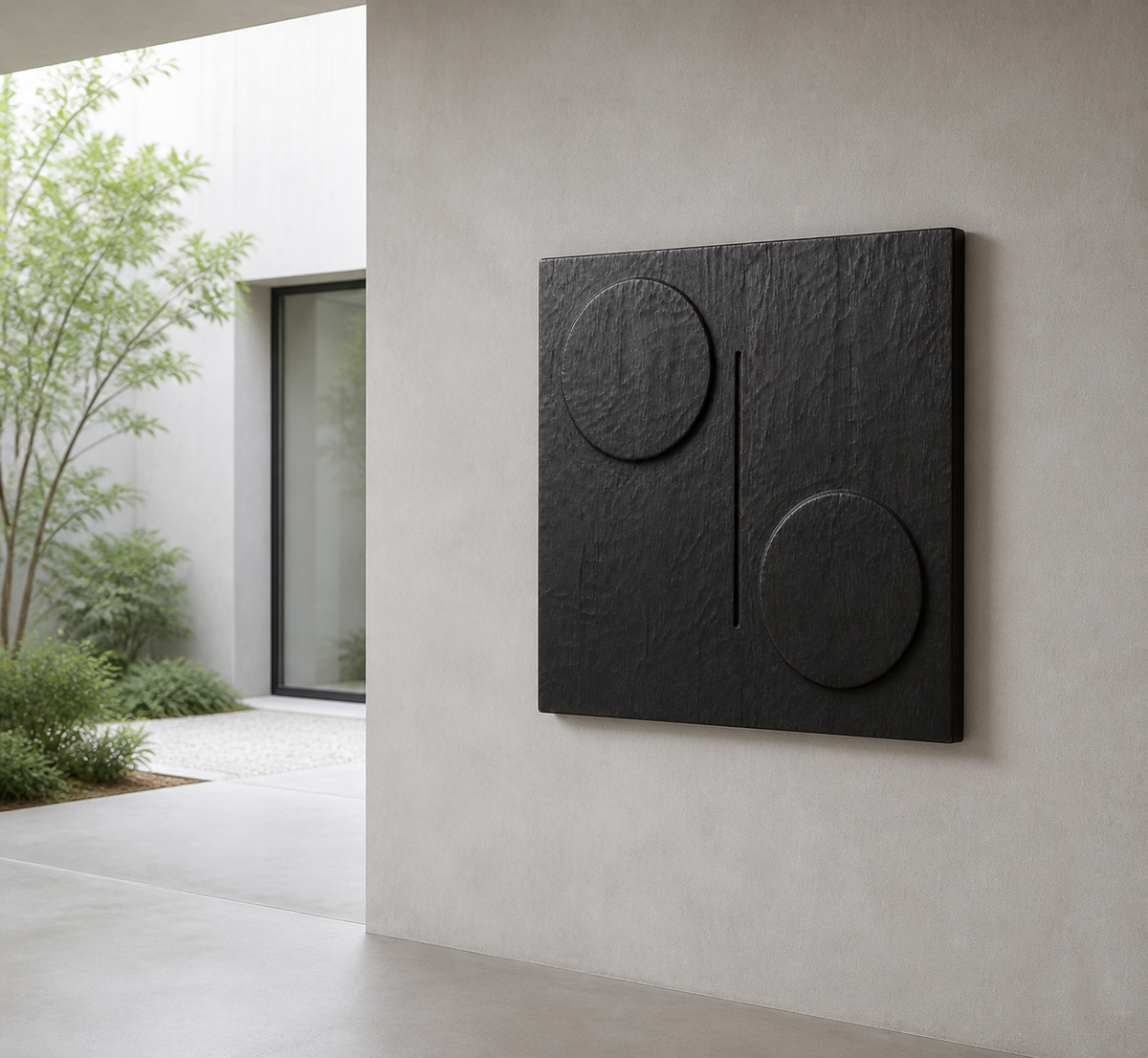 Twin Eclipse Relief, carved teak wood wall art — interior view