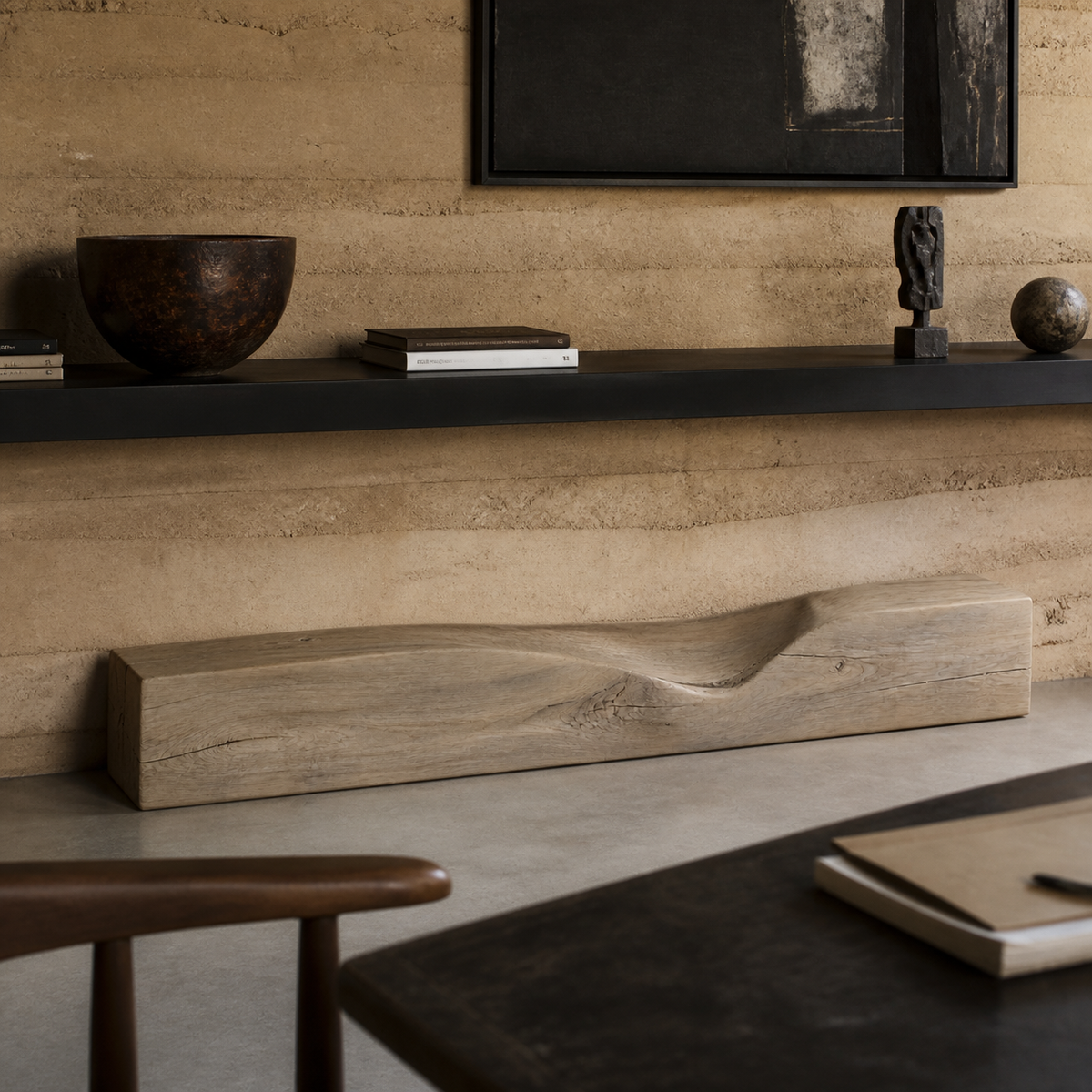 Threshold Beam, teak wood console sculpture — interior view