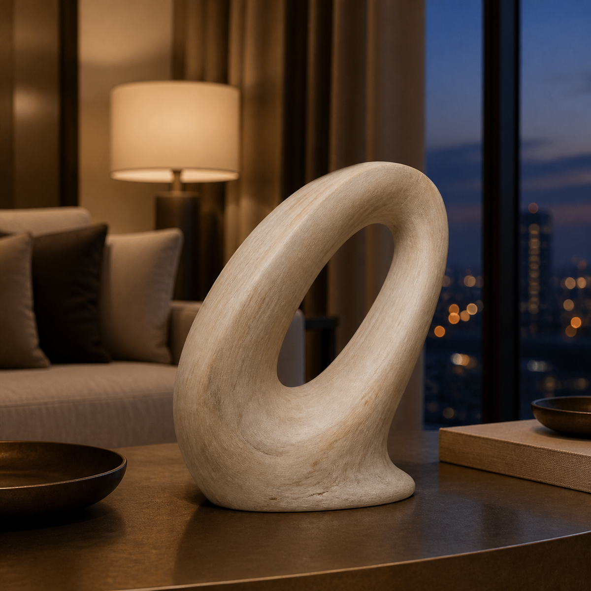Oblique Halo, abstract teak wood sculpture — interior view