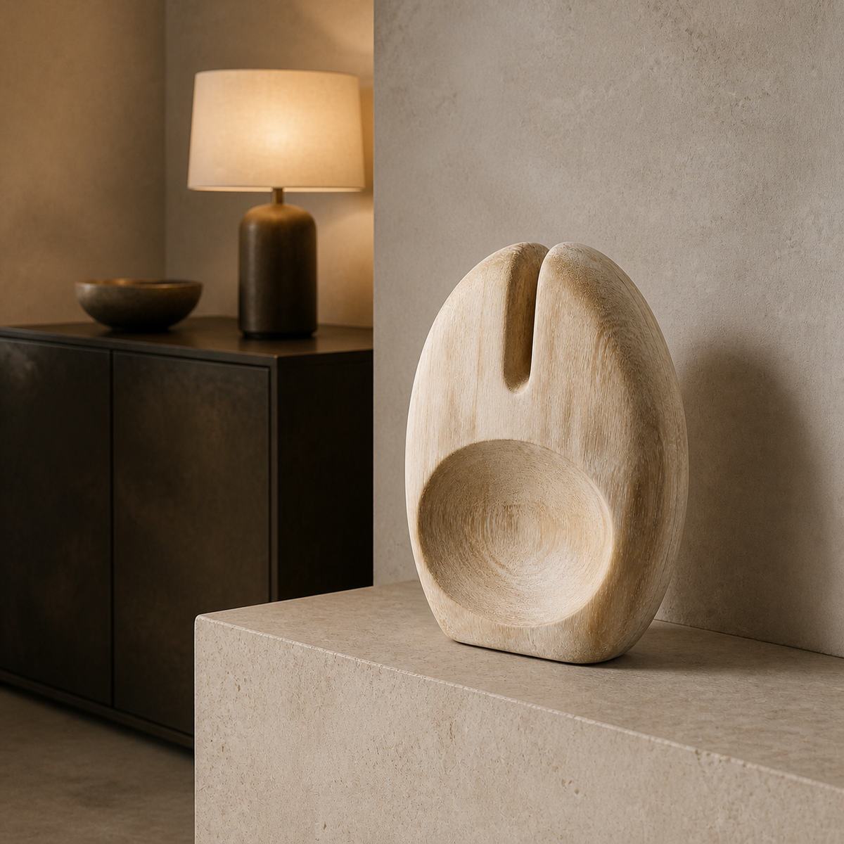 Split Vessel, abstract teak wood sculpture — interior view