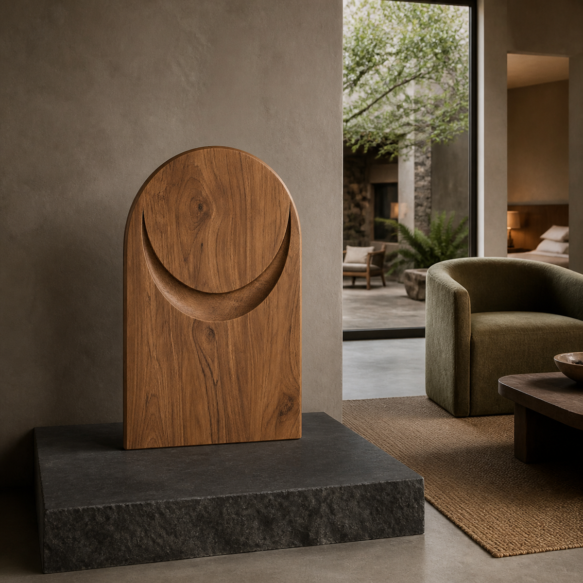 Crescent Plinth, abstract teak wood sculpture — interior view