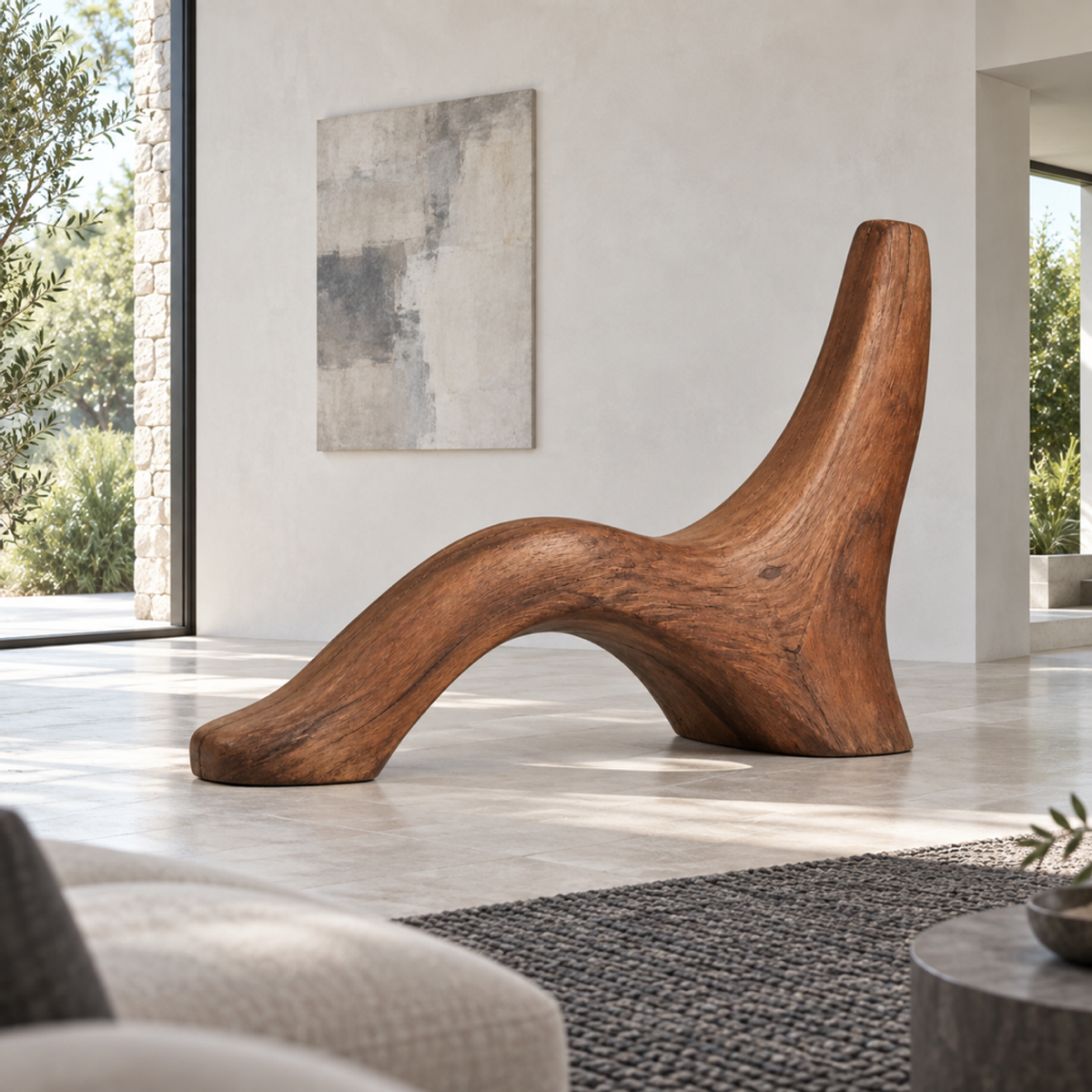Wave Buttress, teak wood floor sculpture — interior view
