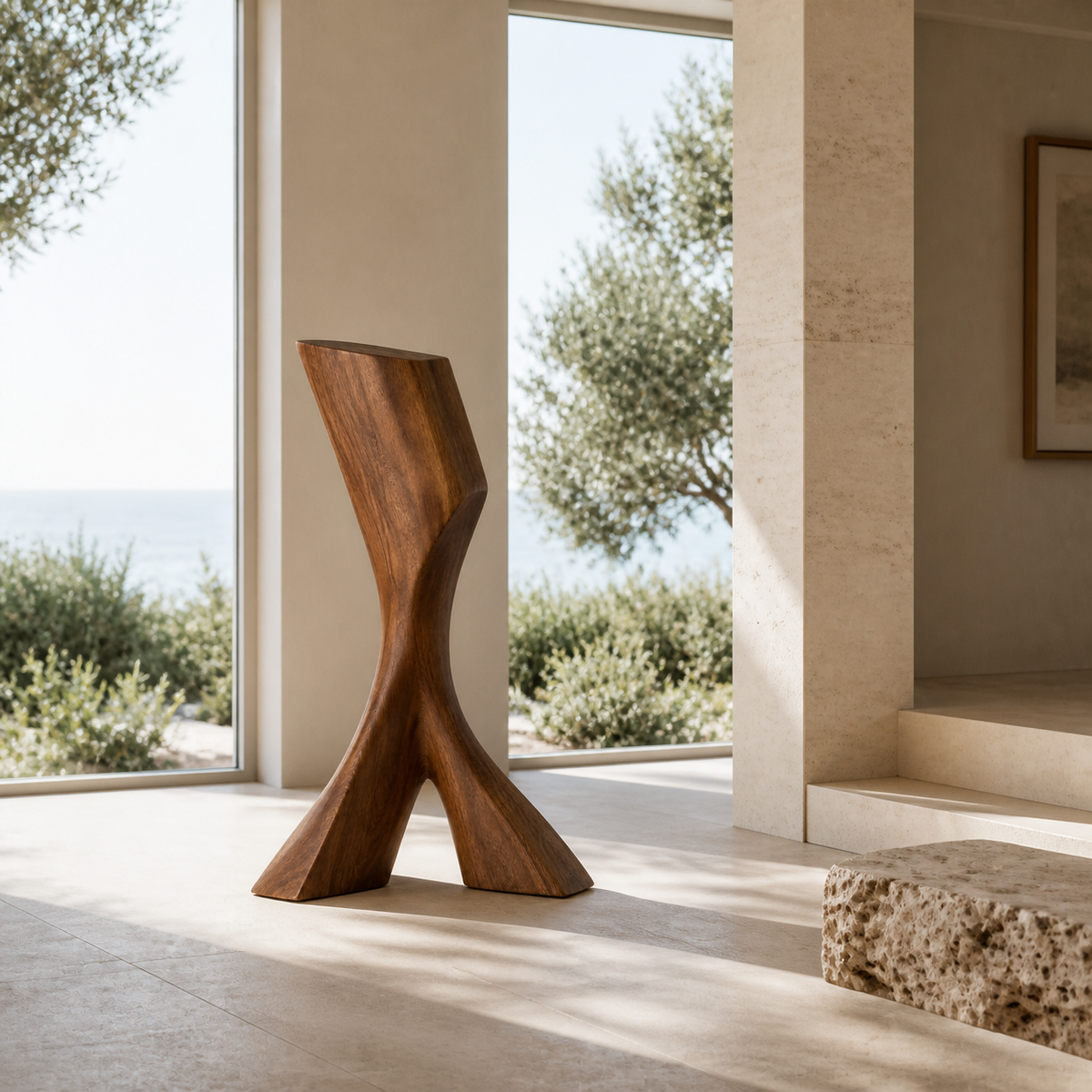 Splayed Axis, teak wood floor sculpture — interior view