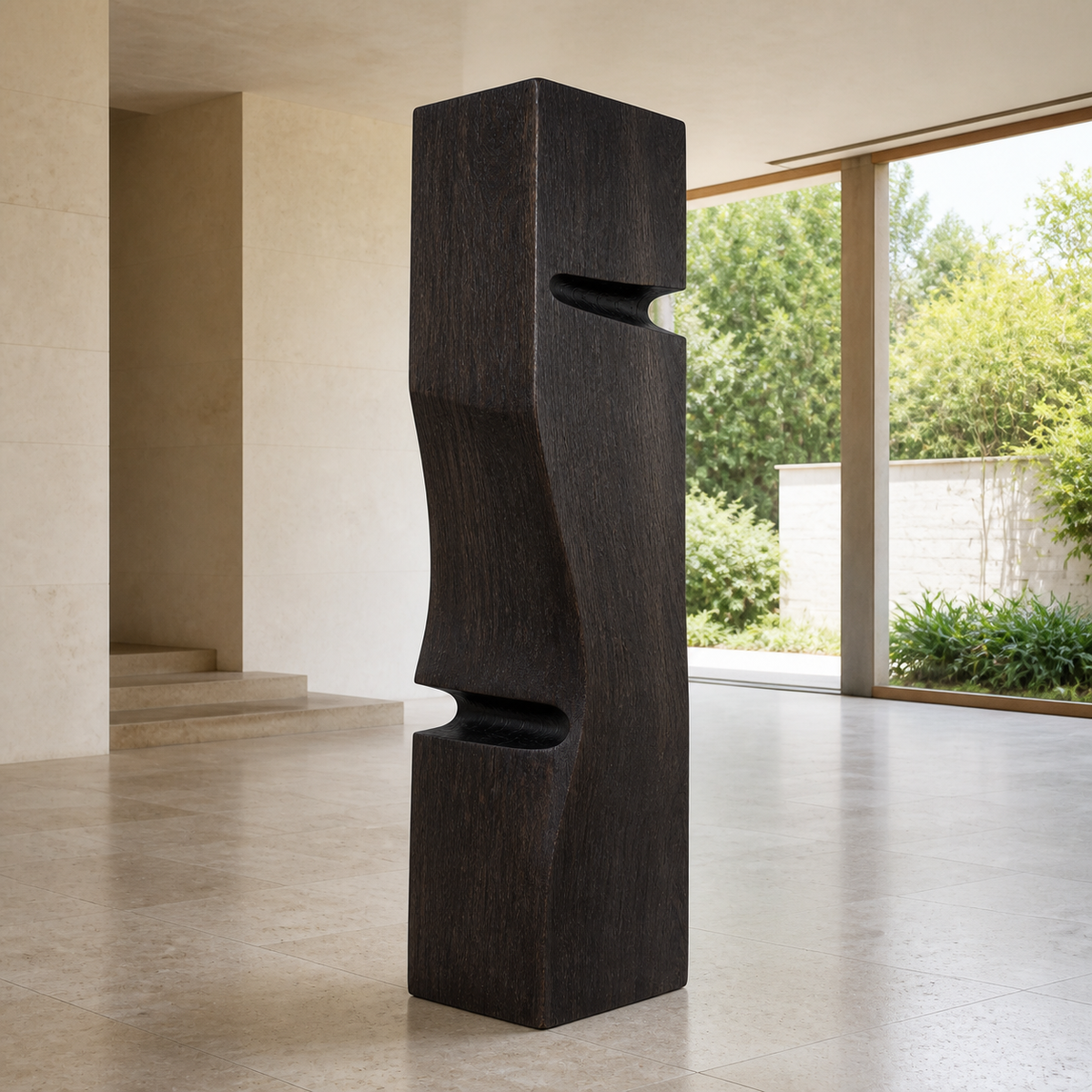 Crosscurrent Totem, teak wood floor sculpture — interior view