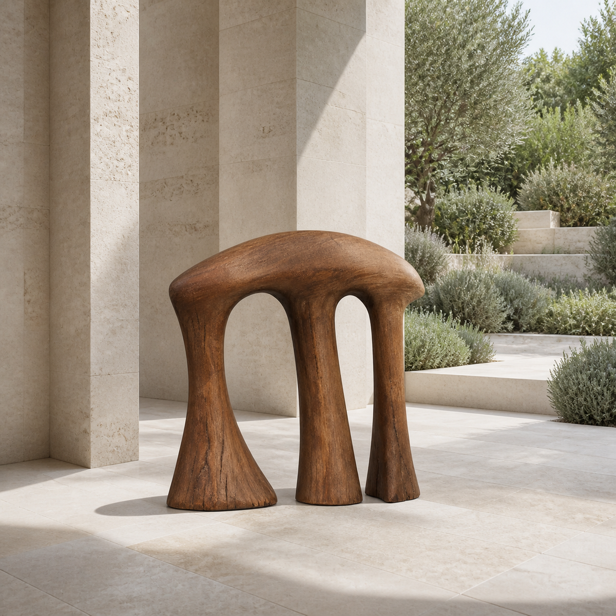 Offset Colonnade, teak wood console sculpture — interior view