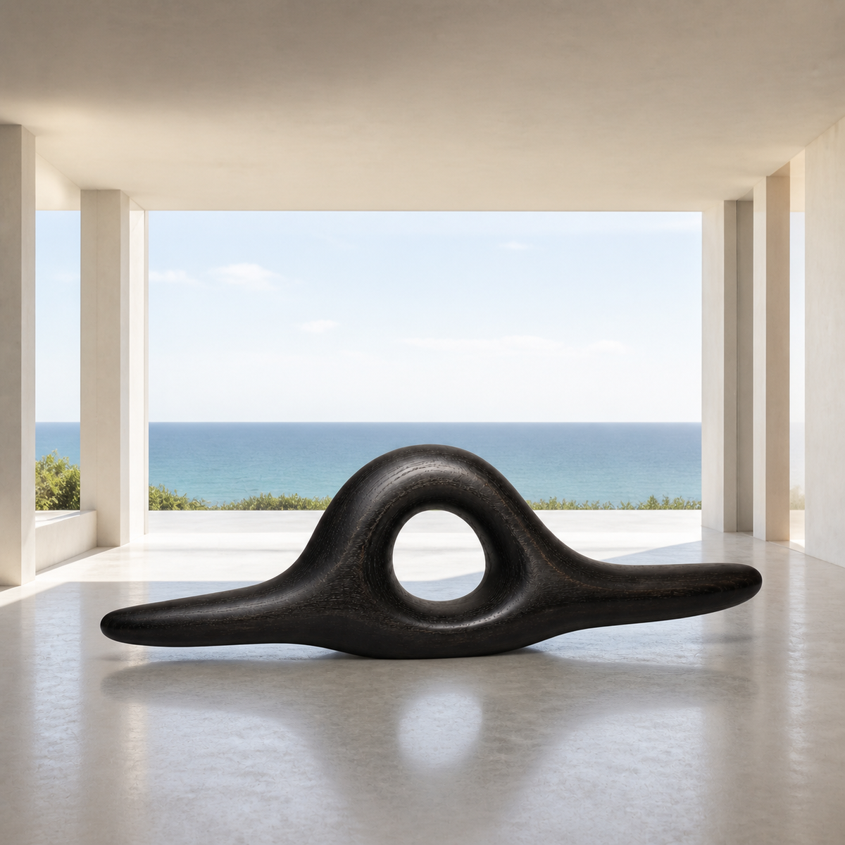 Knotted Lintel, teak wood console sculpture — interior view