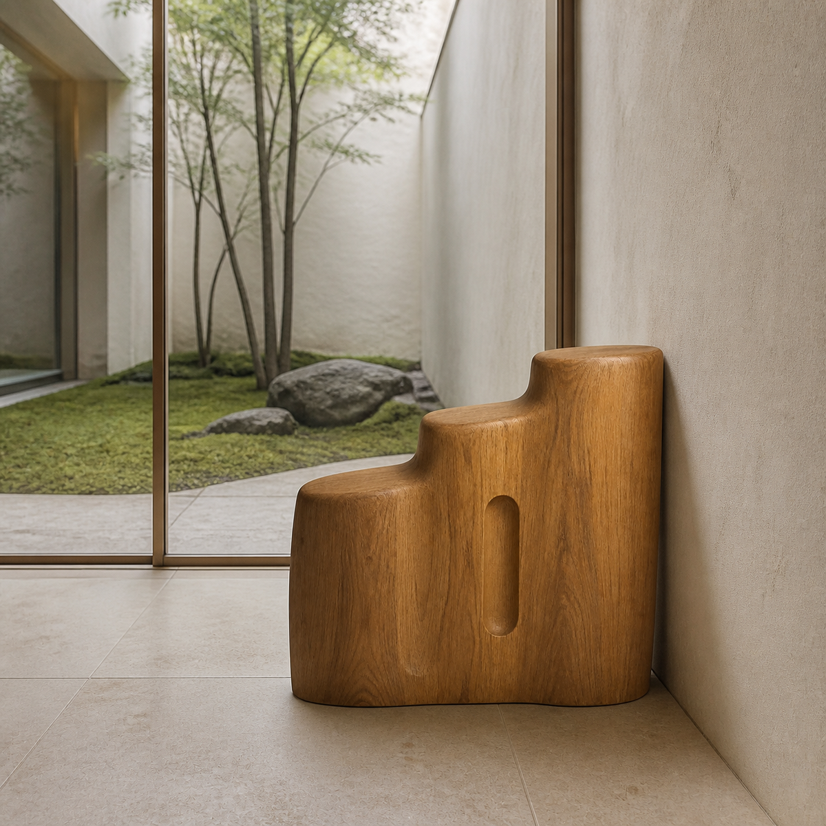Terraced Rise, teak wood floor sculpture — interior view