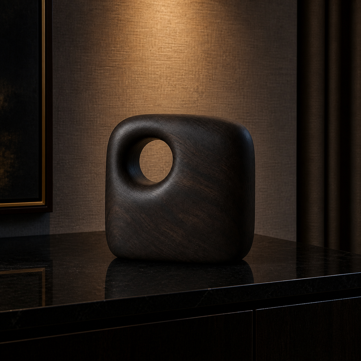 Captured Void, teak wood tabletop sculpture — interior view