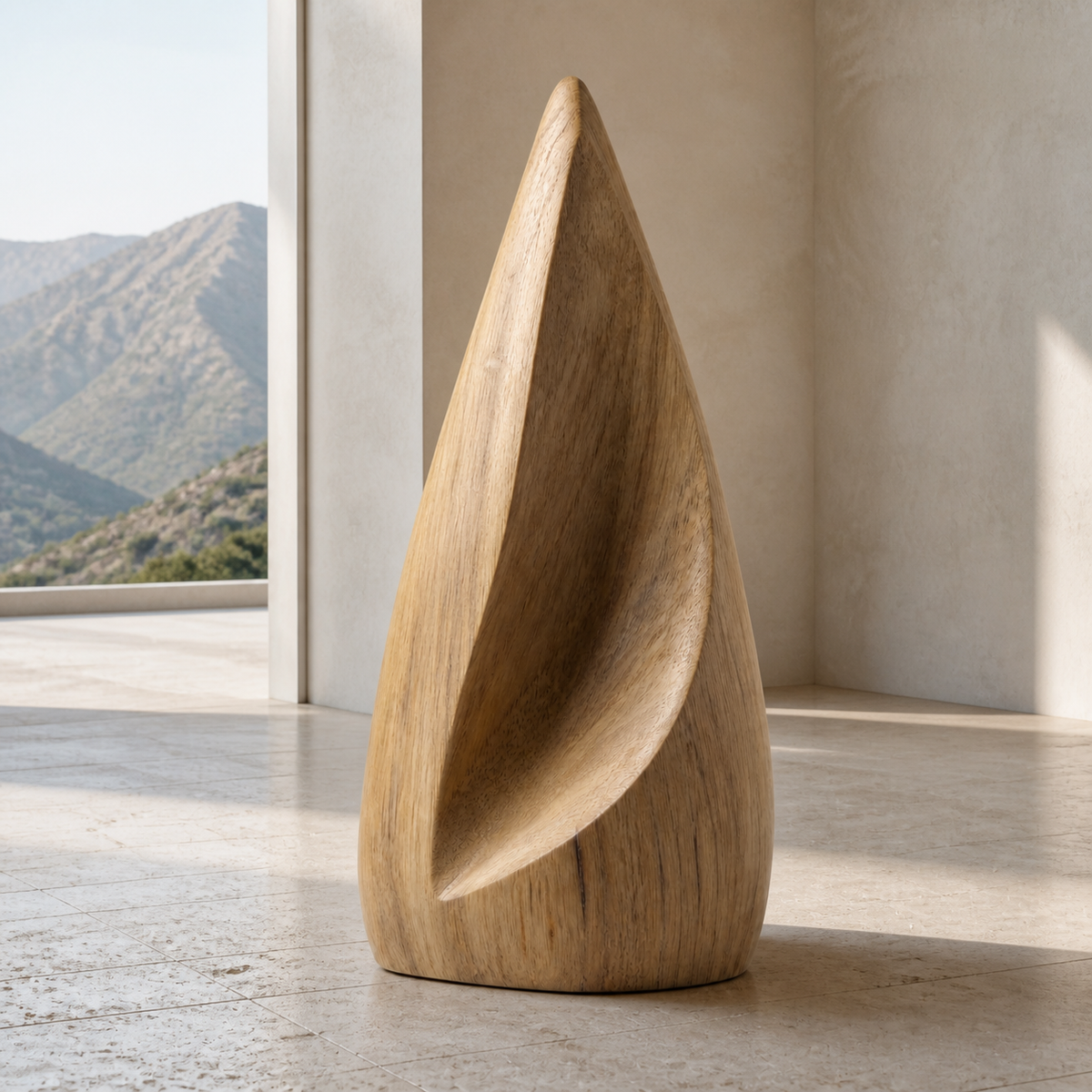 Folded Spire, teak wood floor sculpture — interior view