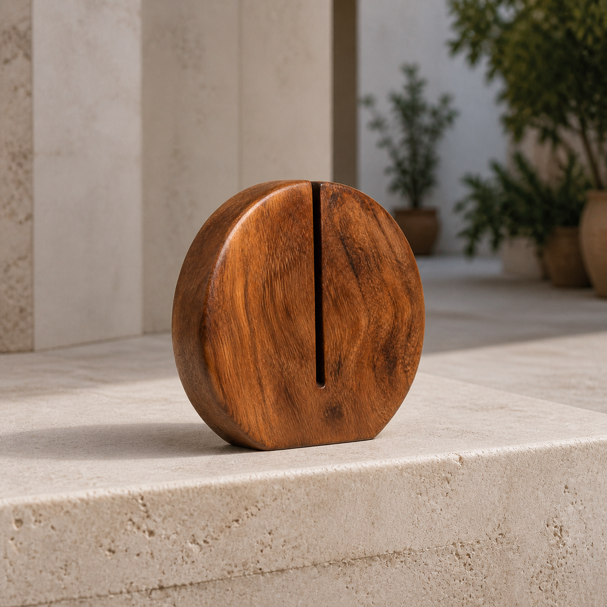 Split Disc Study, teak wood tabletop sculpture — interior view
