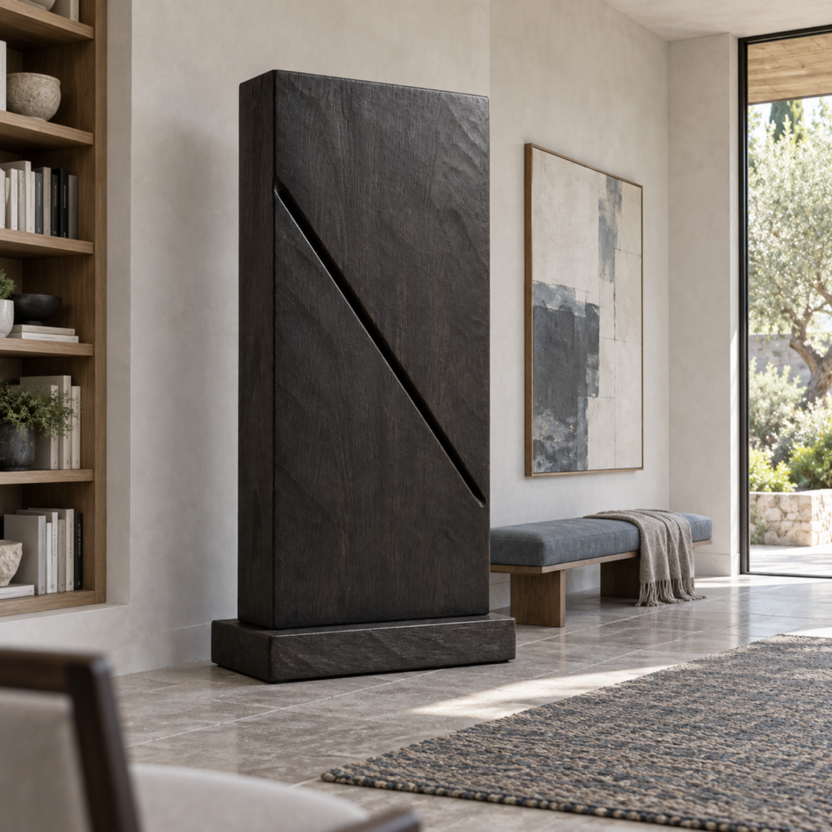 Bisected Tower, teak wood floor sculpture — interior view
