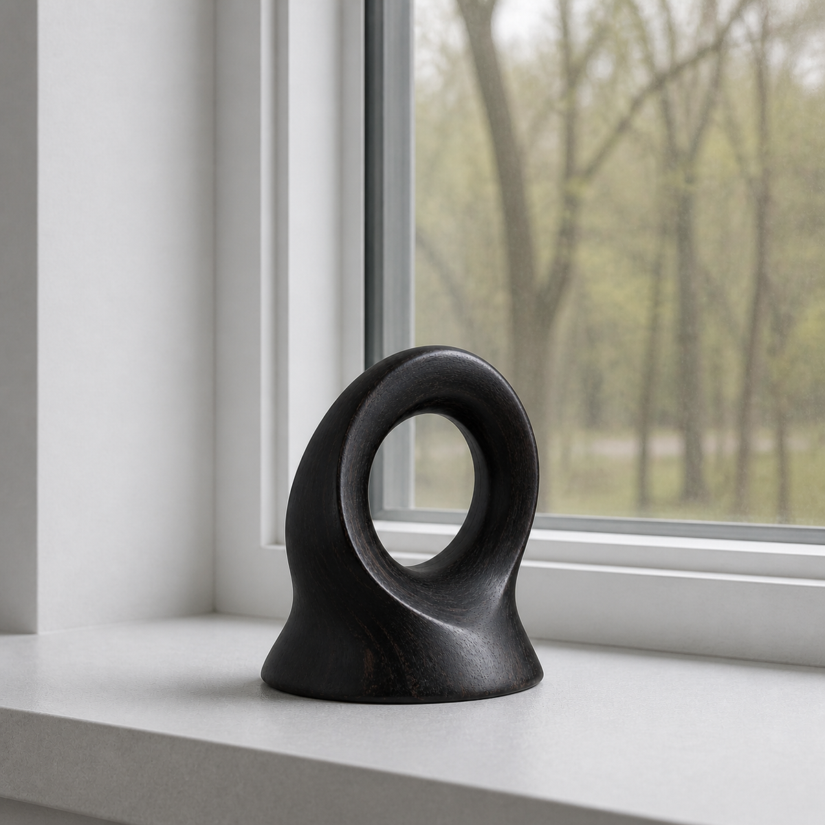 Rooted Loop, teak wood tabletop sculpture — interior view