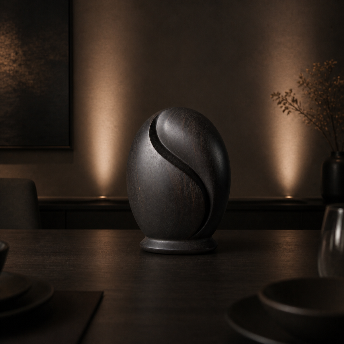 Folded Seed, abstract teak wood sculpture — interior view