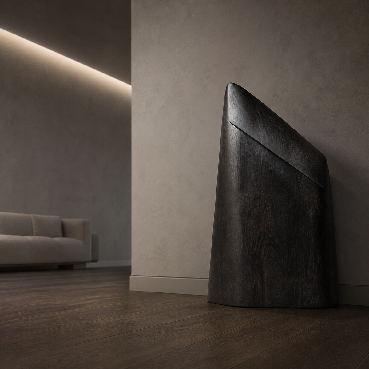 Quiet Buttress, teak wood floor sculpture — interior view