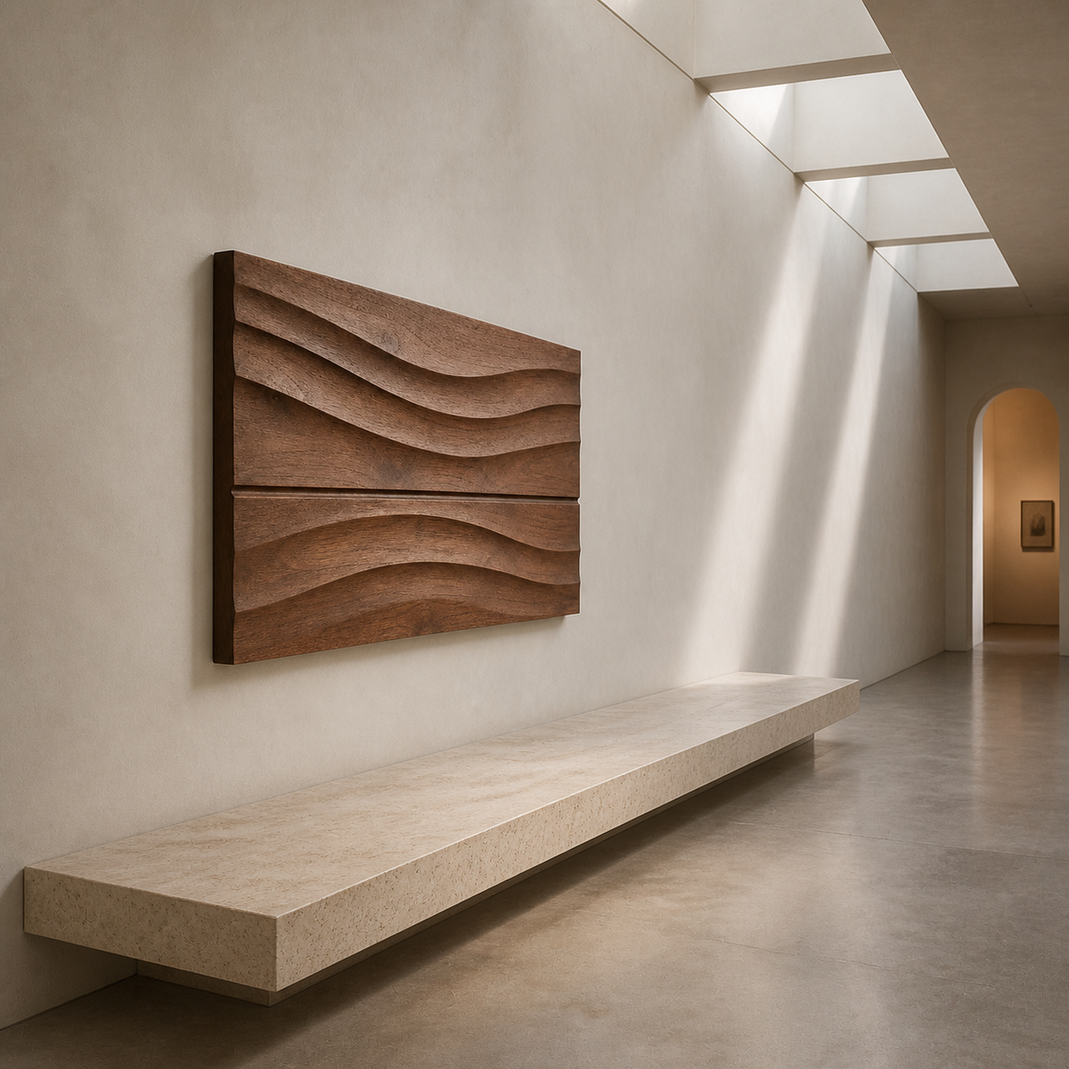 Still Horizon Relief, carved teak wood wall art — interior view