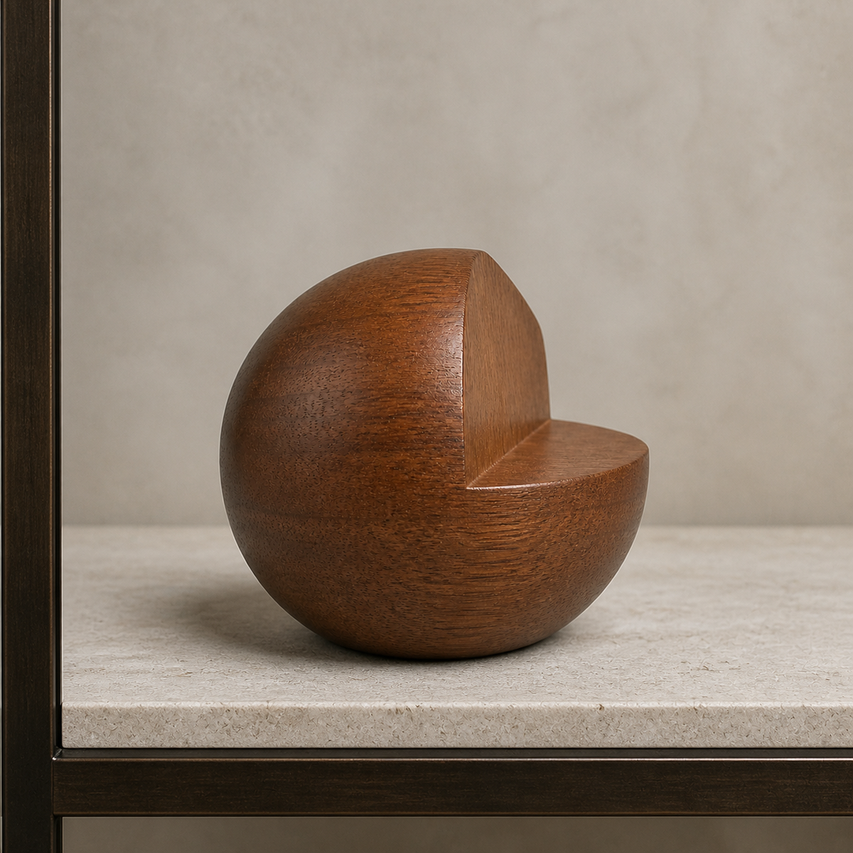 Notched Orb, teak wood tabletop sculpture — interior view