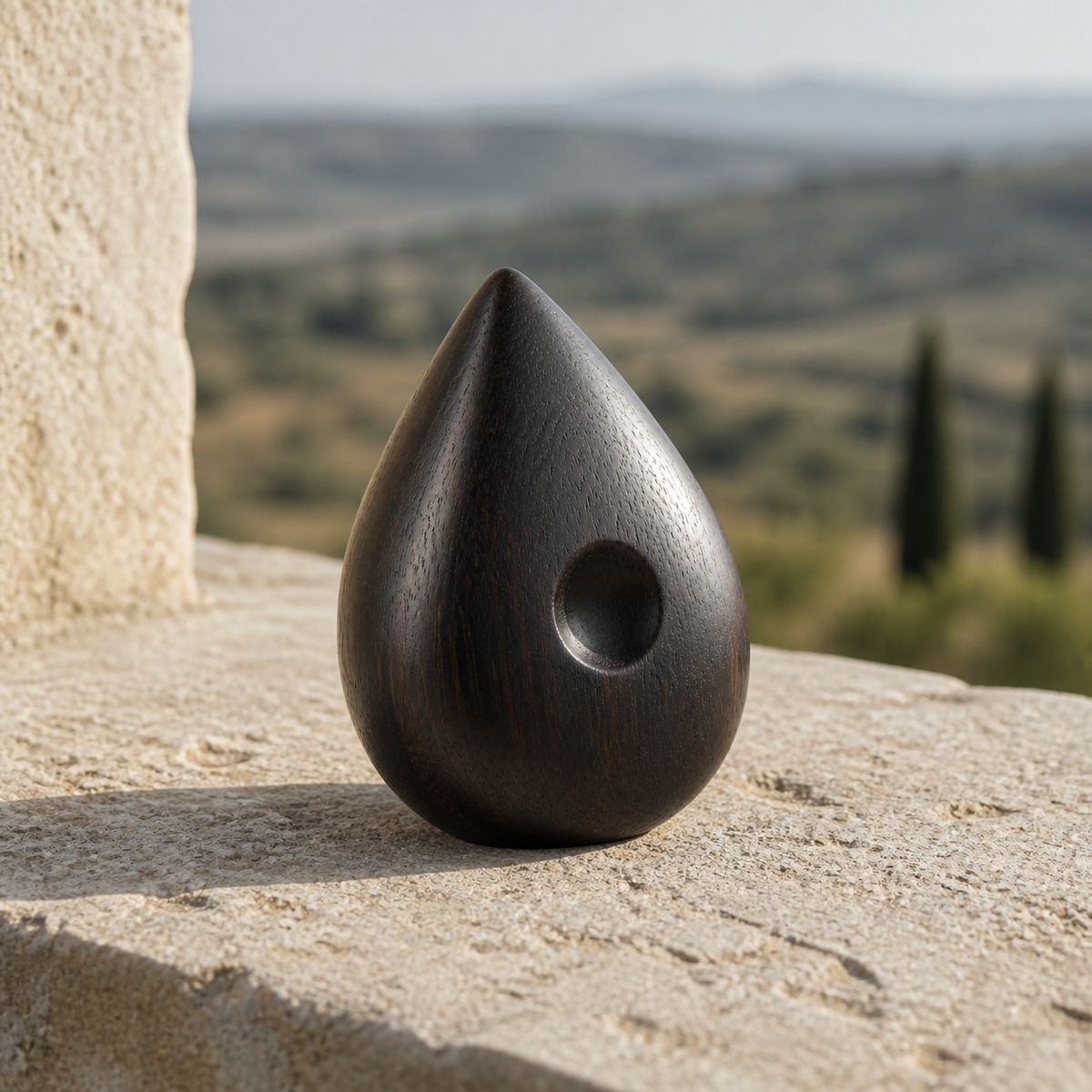 Quiet Seed, teak wood tabletop sculpture — interior view