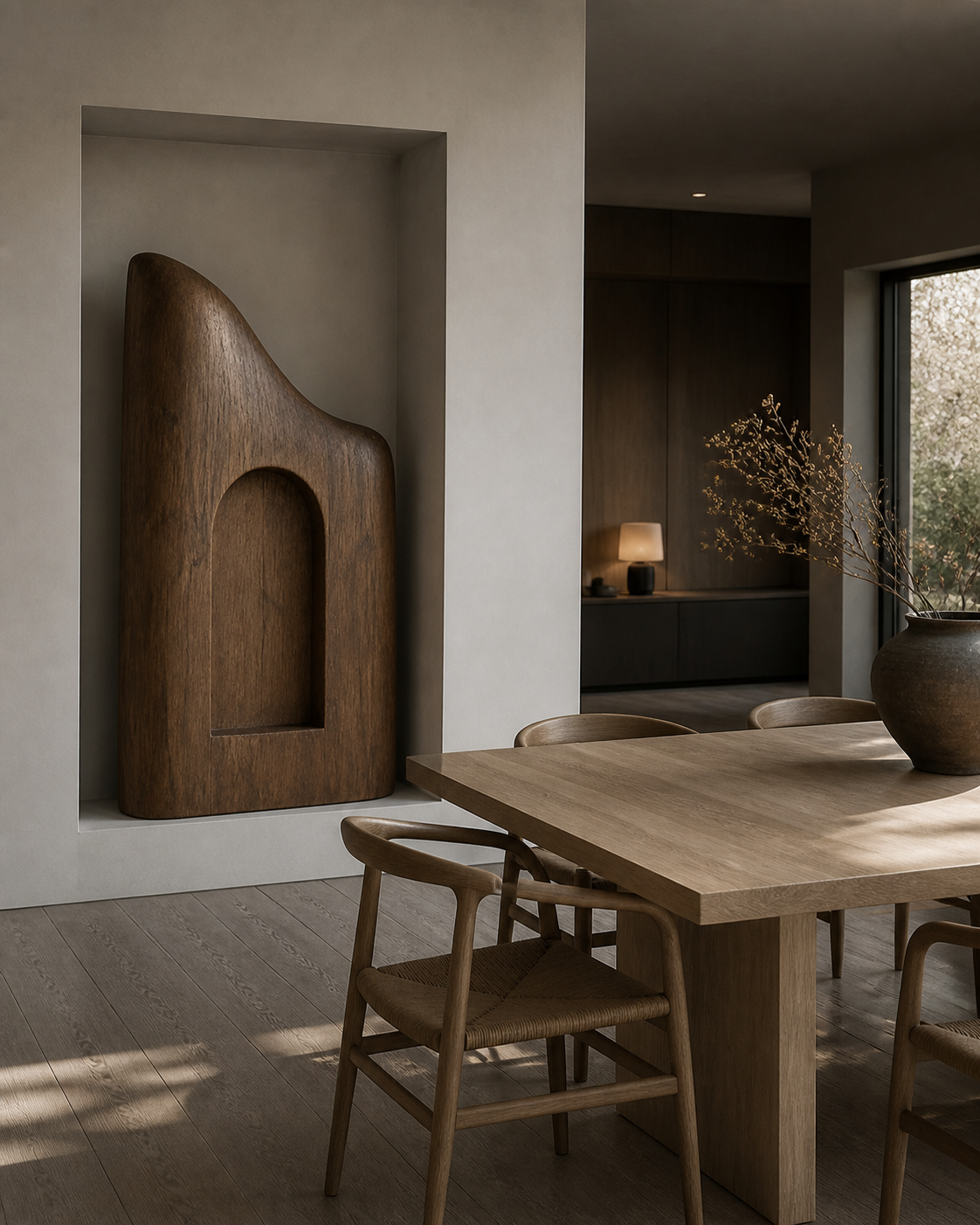 Vaulted Silence, teak wood floor sculpture — interior view