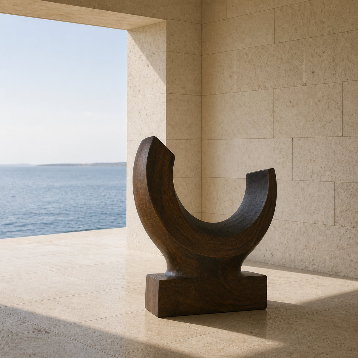 Lunar Yoke, abstract teak wood sculpture — interior view