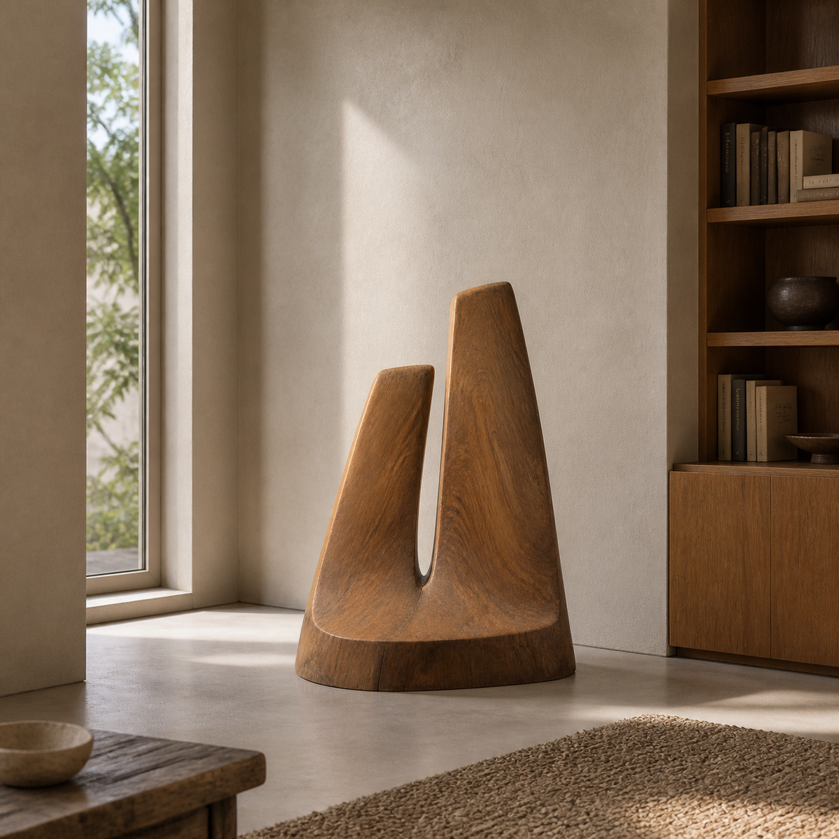 Inward Lean, teak wood floor sculpture — interior view