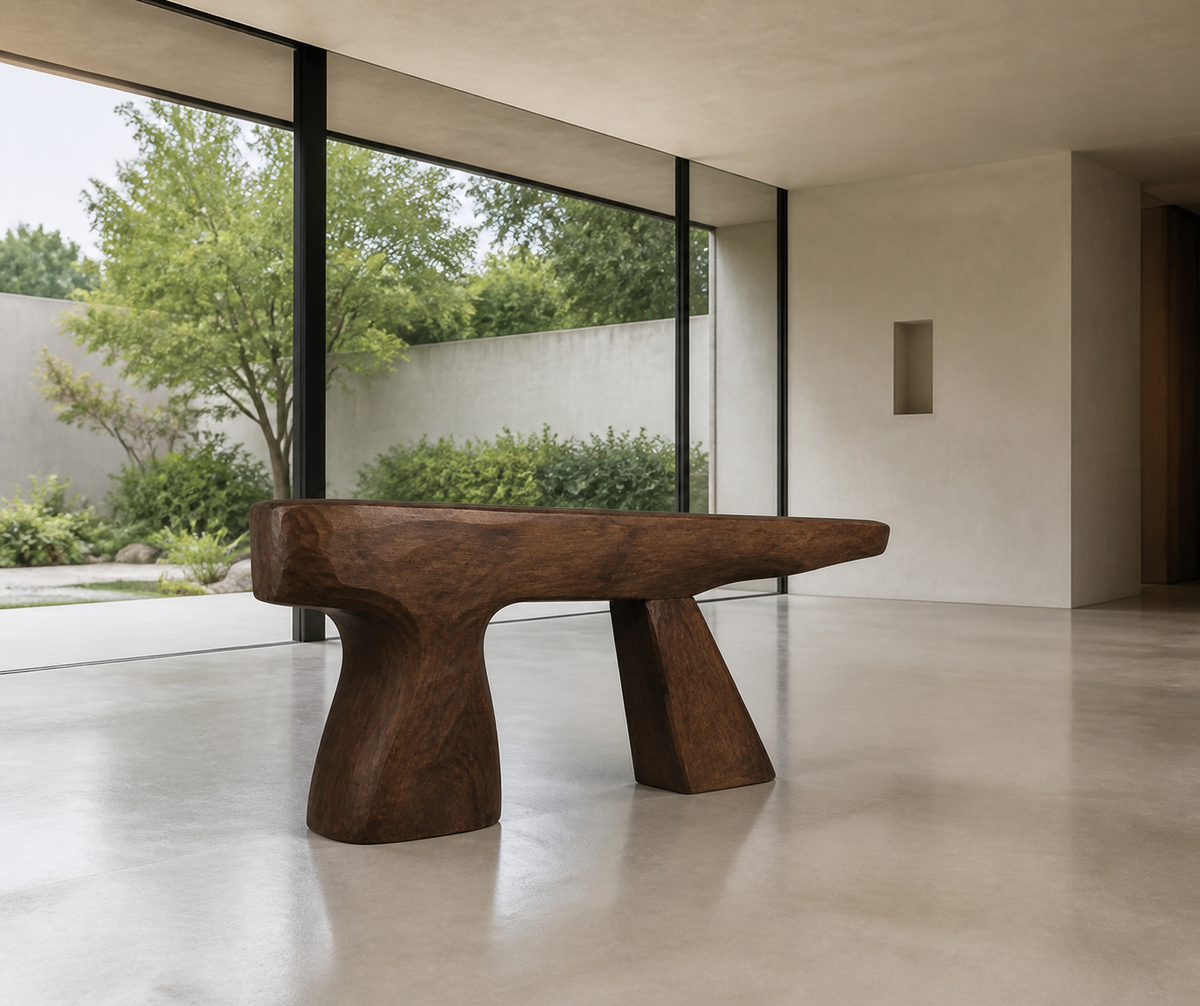 Cantilever Pair, teak wood console sculpture — interior view
