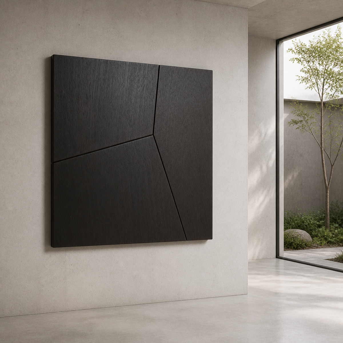 Fragmented Plane Relief, carved teak wood wall art — interior view