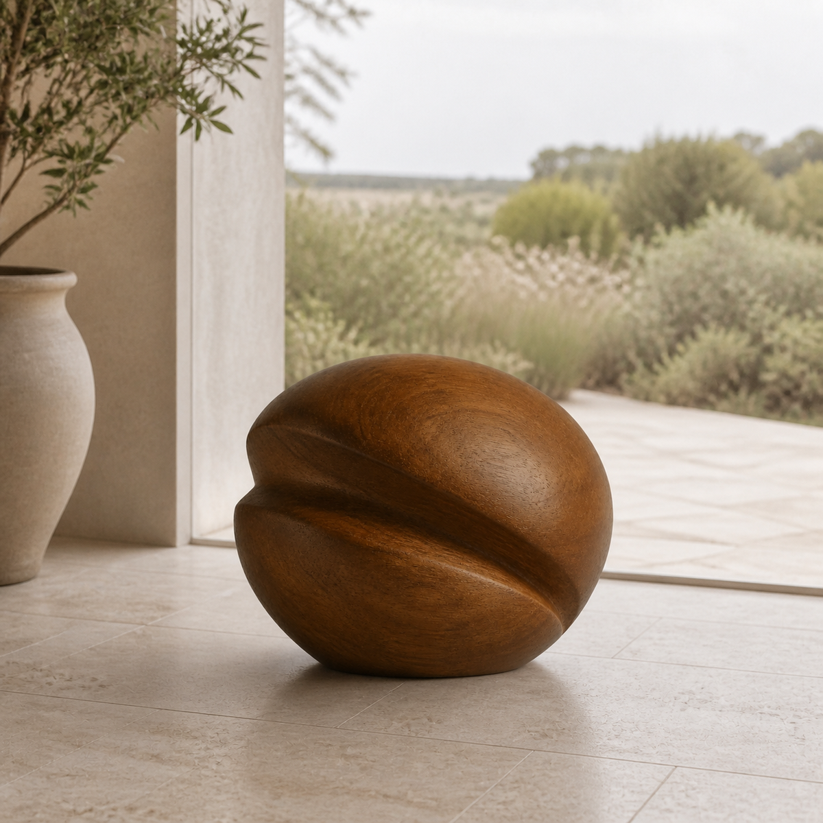 Pressed Helix, abstract teak wood sculpture — interior view
