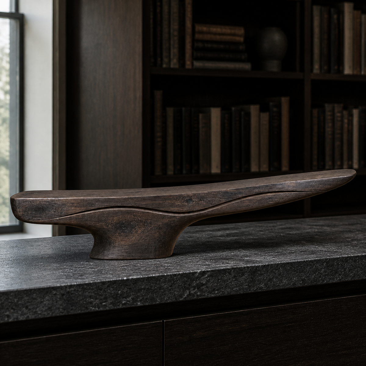 Lifted Current, teak wood console sculpture — interior view