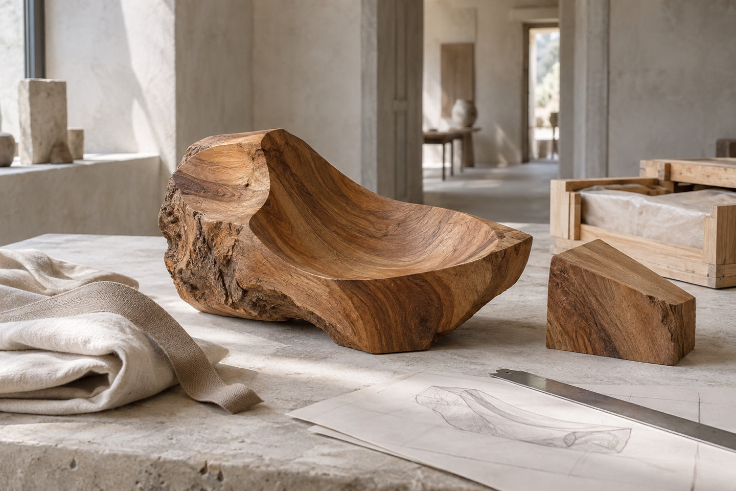 Teak material studies, a scale drawing and protective linen on a studio worktable