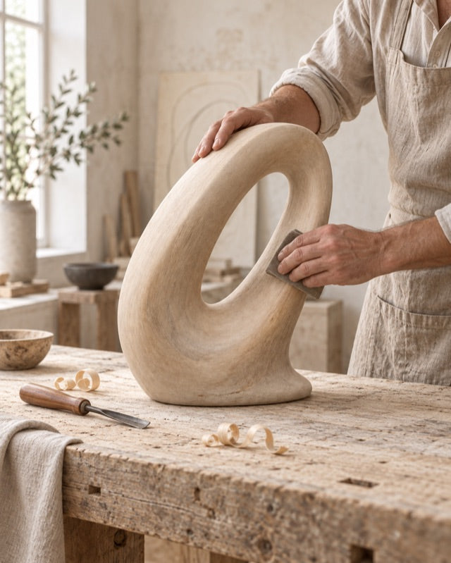 Illustrative studio scene of a craftsperson hand-finishing the pale teak Oblique Halo sculpture.